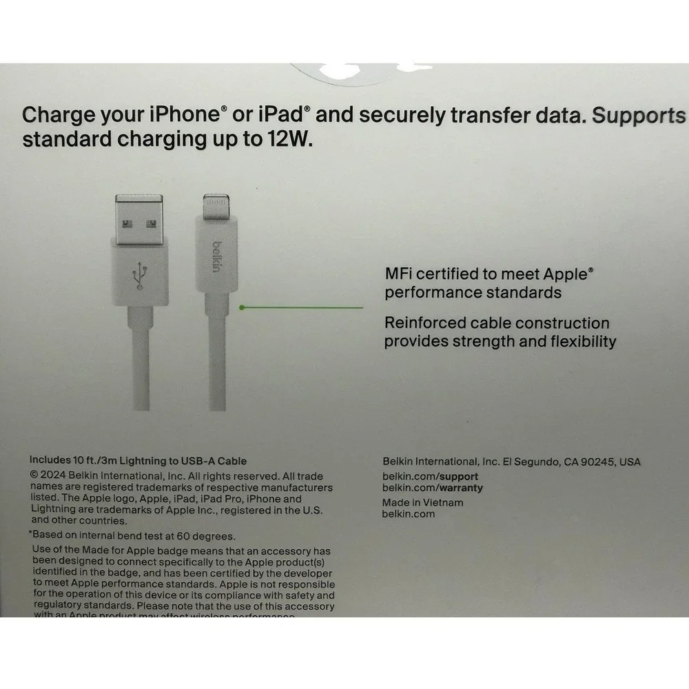 Belkin BOOST CHARGE MFi-Certified Lightning to USB-A‎ 3M/10ft Cable New